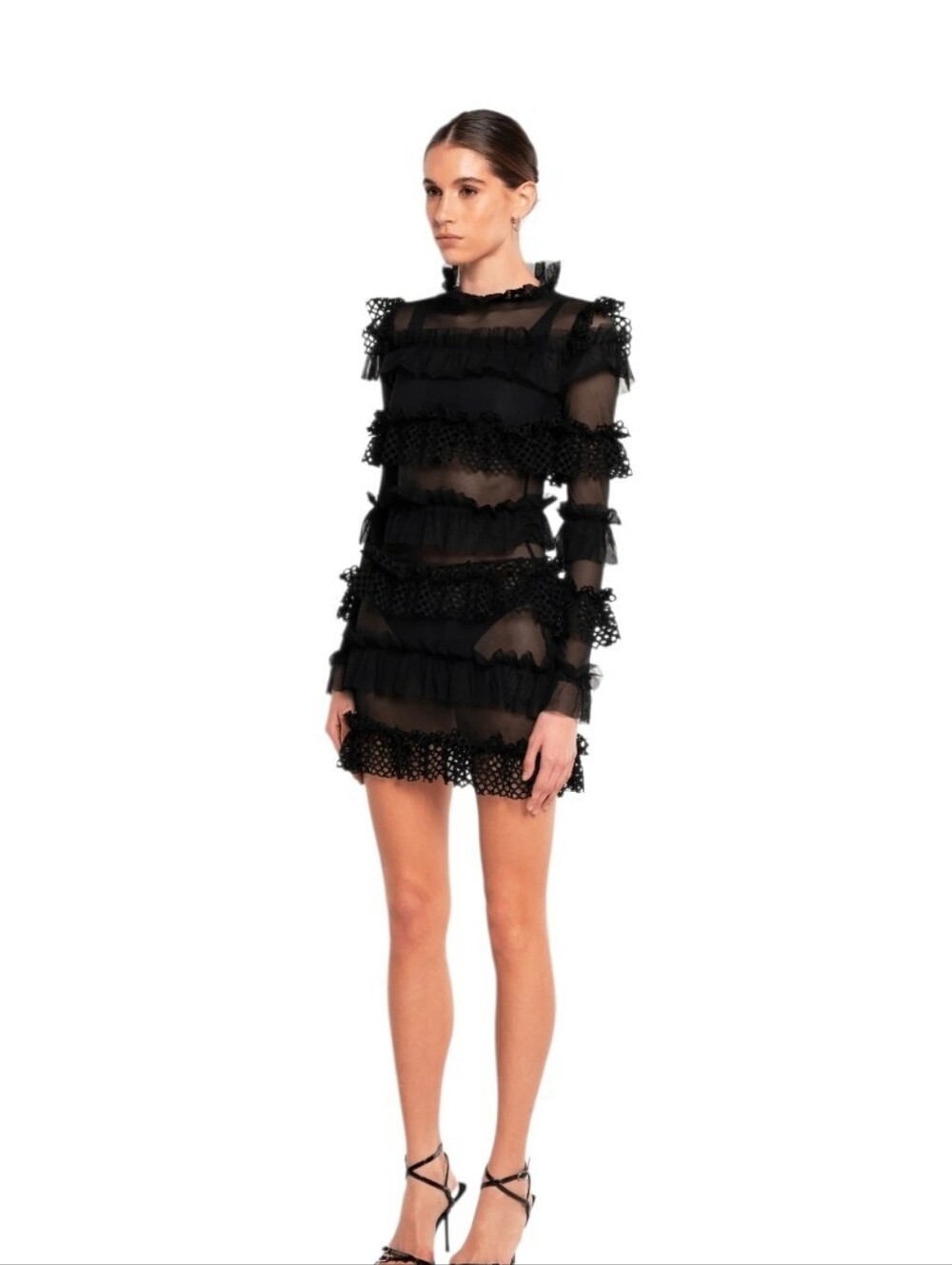OW Collection Grace Dress Black Sheer Mesh Ruffle Lace Gothic Mini Dress M NWT